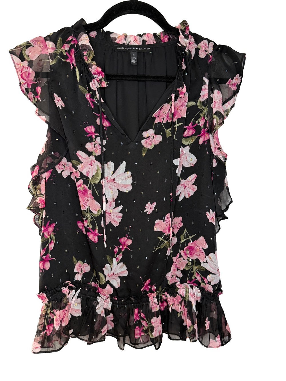 White House Black Market Floral Glitter Ruffle Blouse Women’s Medium Black